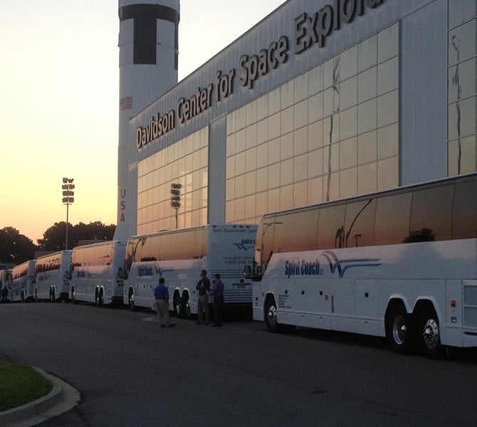 Buses lined up outside U.S. Space and Rocket Center